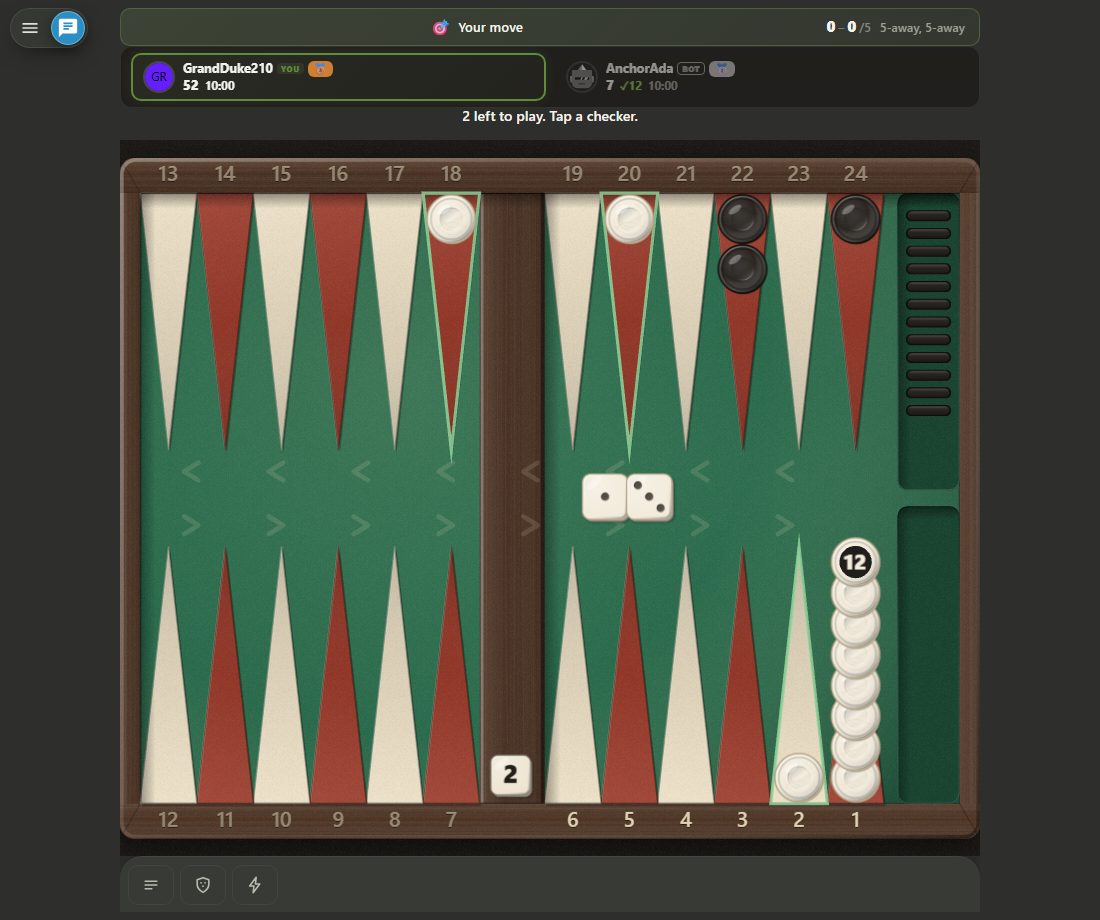 Plateau de backgammon avec dés 1 et 3 lancés ; les dames blanches sont largement rassemblées en tas de 12 sur la flèche 1, l'adversaire noir commence à sortir ses dames du plateau droit. Compte de pips 52 à 7, videau au centre affiche 2, score 0-0/5.