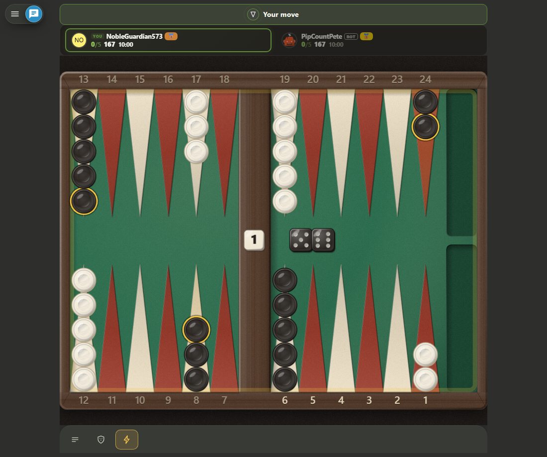 Plateau de backgammon au lancer d'ouverture : deux dés viennent d'être lancés, les pions sont encore dans la position de départ standard non touchée — les piles sur les cases 24, 13, 8 et 6.