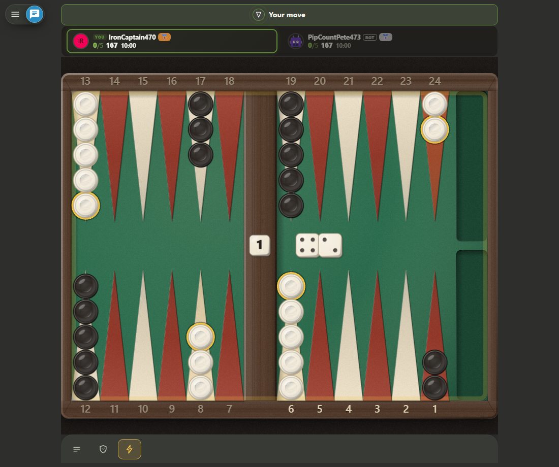 Position d'ouverture standard du backgammon : 24 cases, les 15 pions de chaque joueur sur leurs cases de départ, une barre verticale au milieu du plateau.
