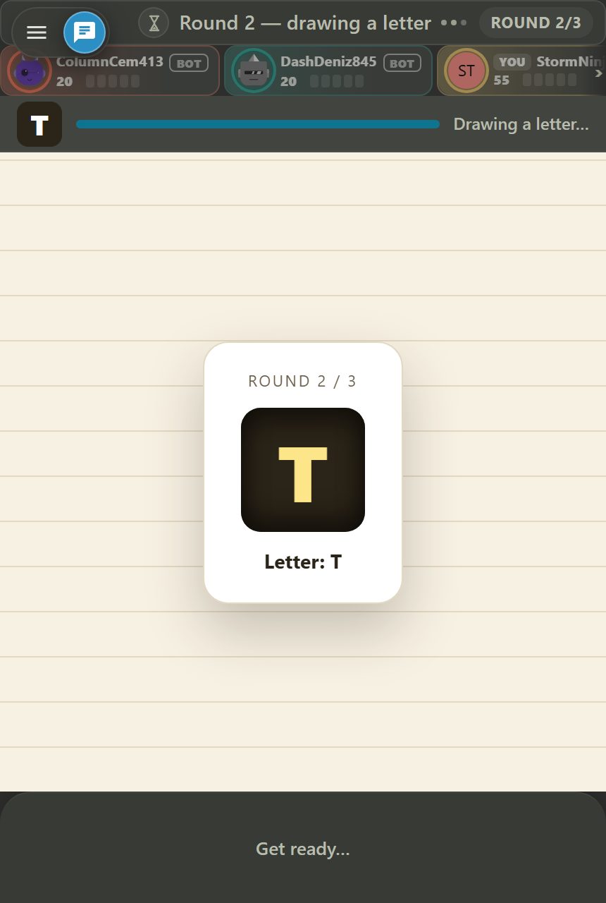 Letter reel screen: a white card in the middle with the round number written on it and the drawn letter inside, with player cards and a timer bar at the top