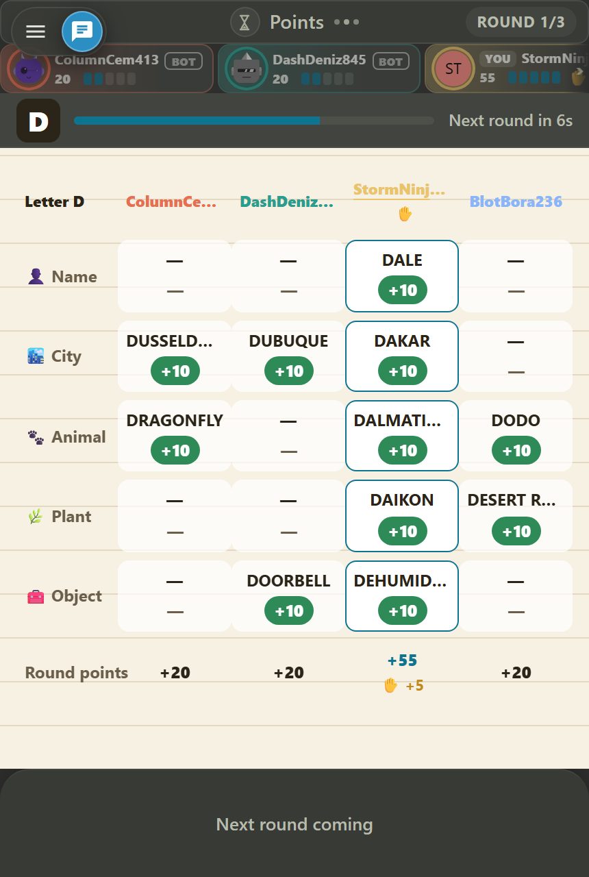 Score table: one column per player, one row per category; each cell shows the word written with +10, +5 or —, the round total below, and a hand icon in the column of the player who pressed STOP.