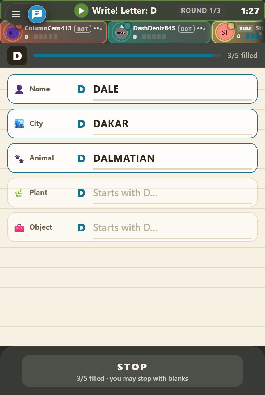 Writing screen: the drawn letter and a timer bar across the top, five answer boxes in a lined-paper look (three of them filled in), and the STOP button at the bottom.