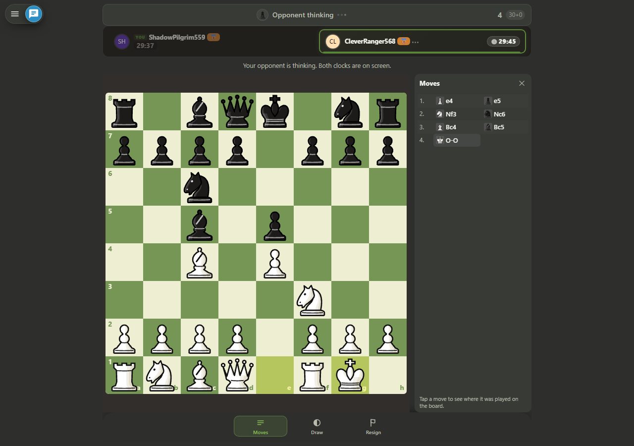 A chess board after White has played kingside castling; the e1 and g1 squares are marked as the last move, and O-O appears on the fourth line of the move list on the right.
