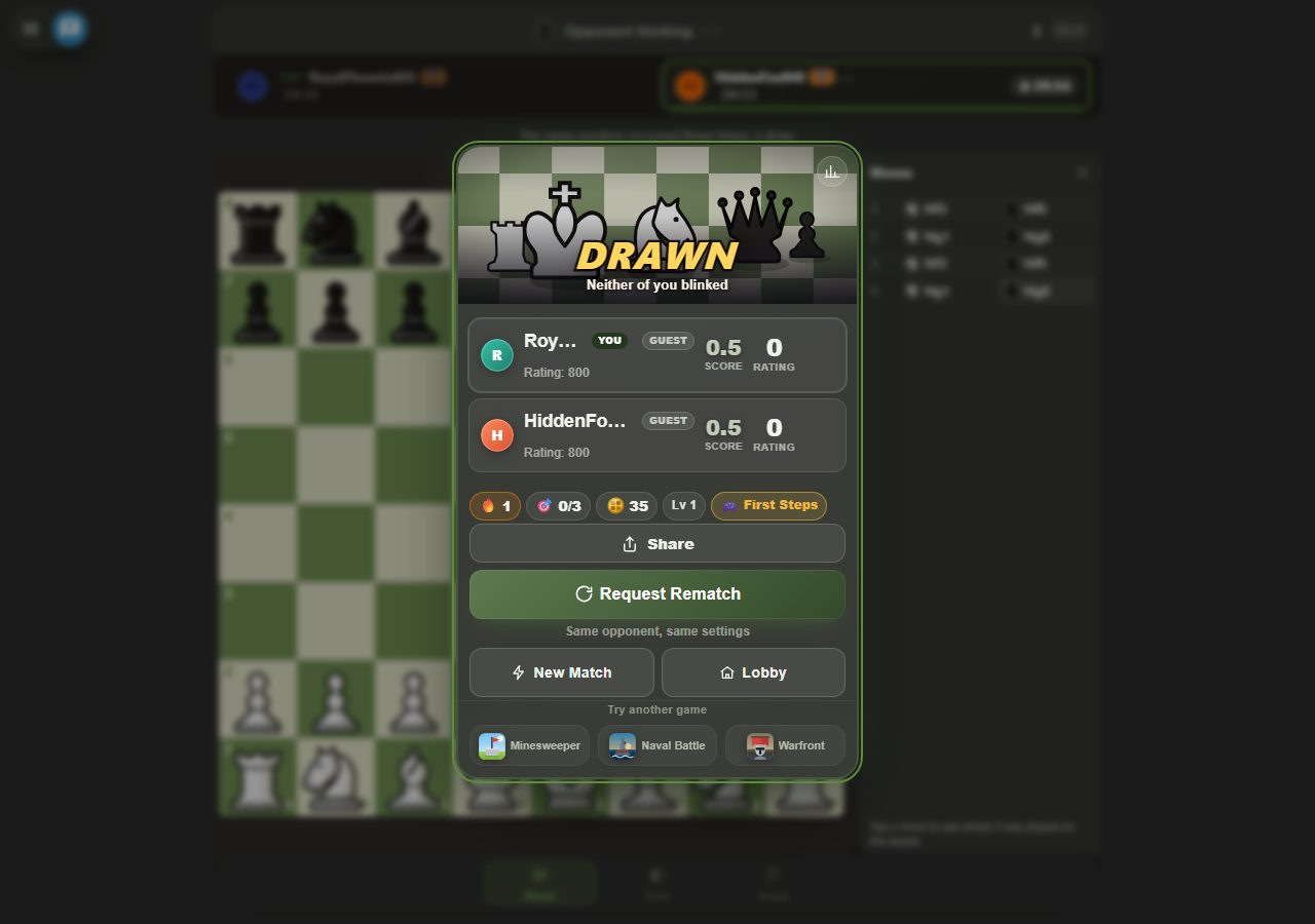 End screen of a chess game that ended in a draw: DRAWN poster, both players' rows show Rating 800, SCORE 0.5 and RATING 0 — rating does not budge on either side.