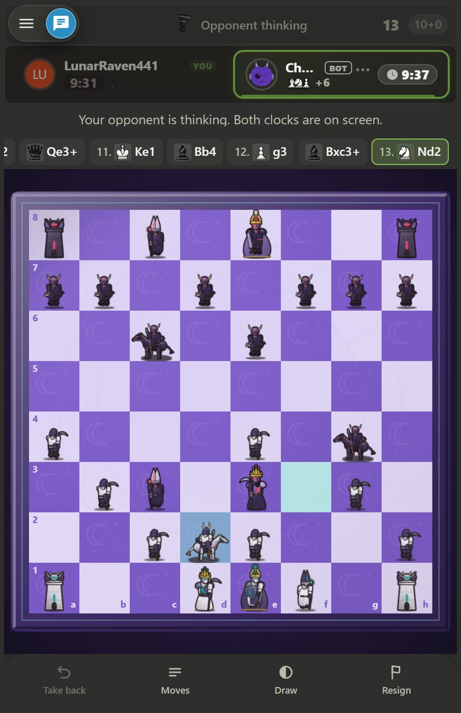 Screenshot of Duskhollow Board while waiting for the bot's turn: the last-move square is highlighted in a cold mint green, both players' clocks visible at the top.