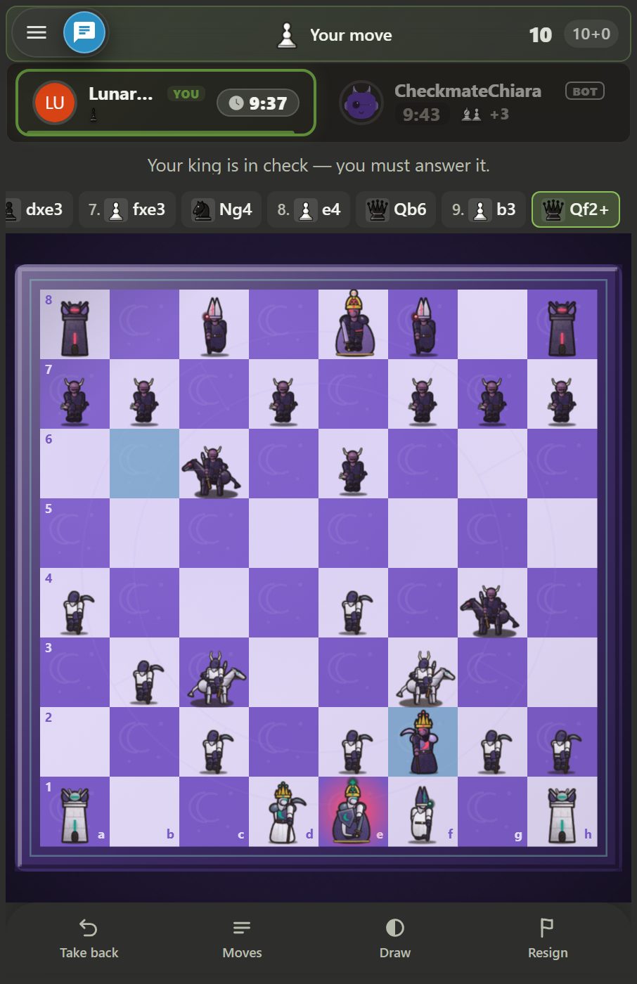 Screenshot of Duskhollow Board midgame: White's king square is marked in red, the header strip shows a warning that the king is in danger, move list shows Qf2+ selected.