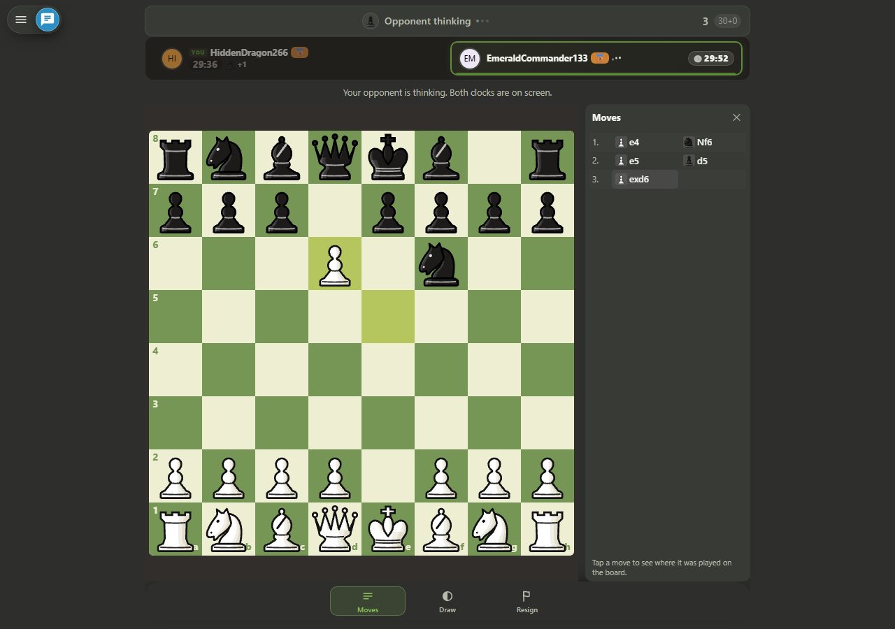 A White pawn stands on d6; it just captured an opponent pawn en passant, the d5 square is now empty, and exd6 appears on the third line of the move list on the right.