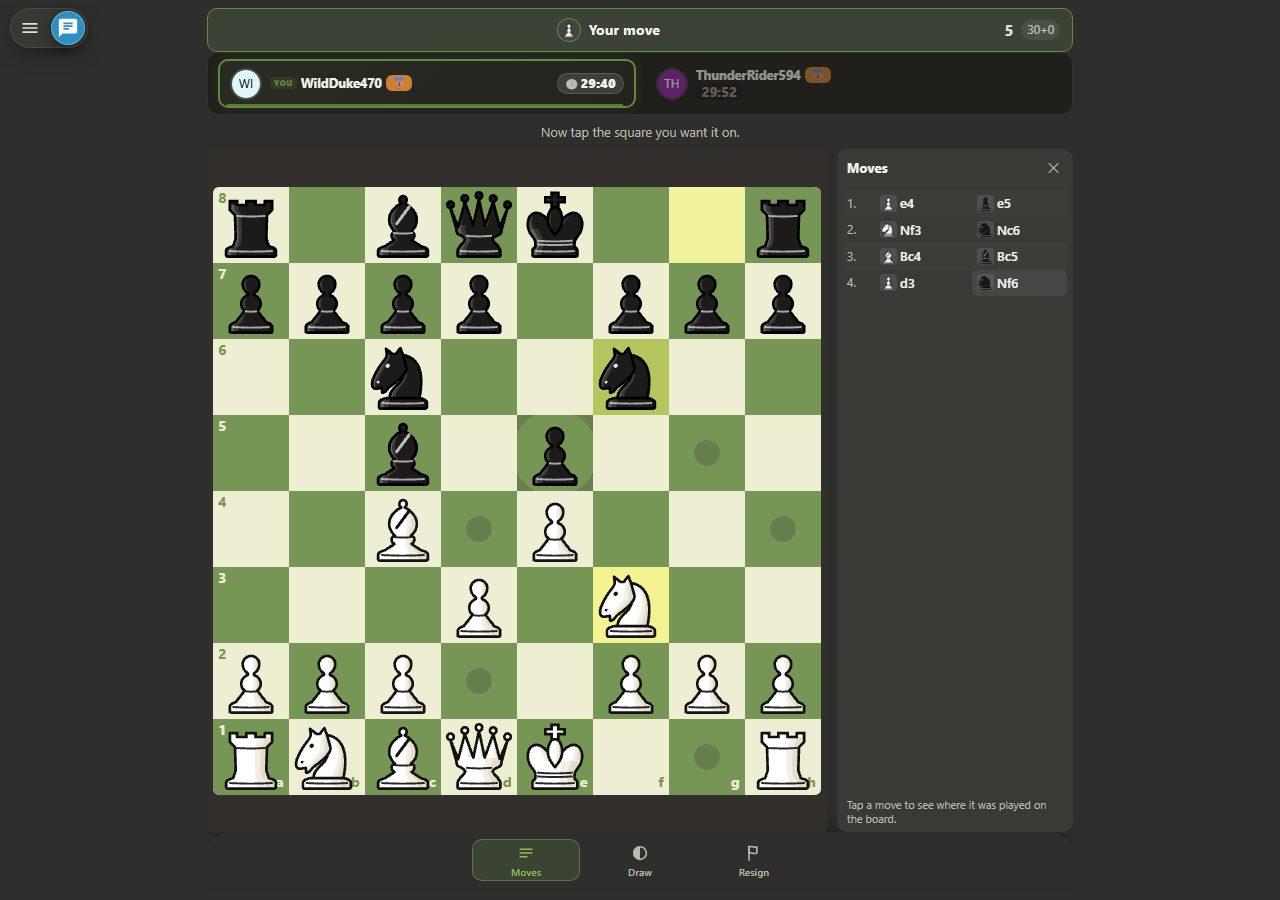 A selected knight on the board with its L-shaped legal destination squares marked: empty squares shown as dots, an occupied enemy square marked with a ring.
