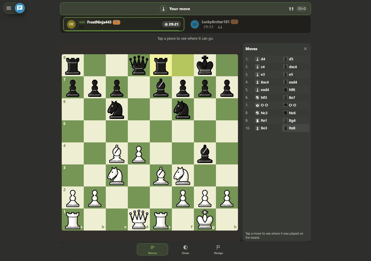 White rook on e1, Black rook on e8; no pawns remain on the e-file, White bishops on c4 and e3, Black bishop on g4, the move list showing ten moves