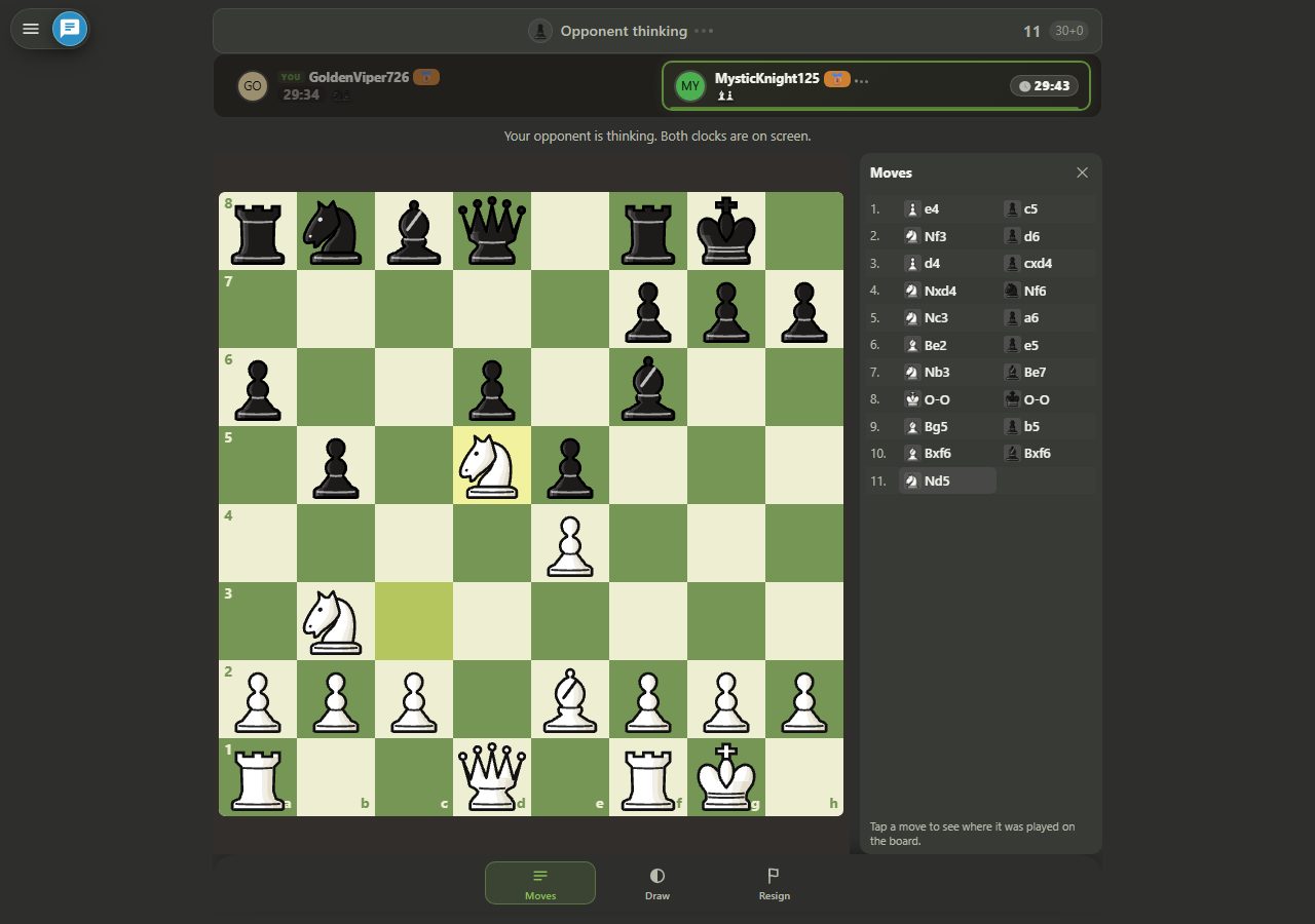 White knight on d5 square, highlighted as the last move; Black pawns on a6, b5, d6, and e5, Black bishop on f6, Black queen on d8—no Black pawn can threaten d5