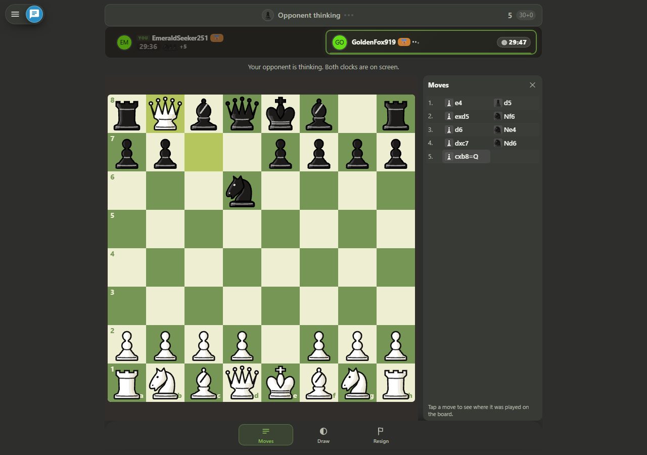 A new White Queen stands on b8; a pawn promoted to a Queen, and cxb8=Q appears on the fifth line of the move list on the right.