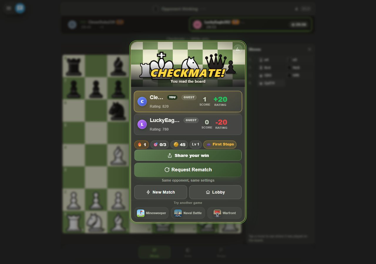 End screen of a chess game: CHECKMATE! poster, winner's row shows Rating 820, SCORE 1 and green +20 RATING; loser's row shows Rating 780, SCORE 0 and red −20 RATING; both marked as GUEST.