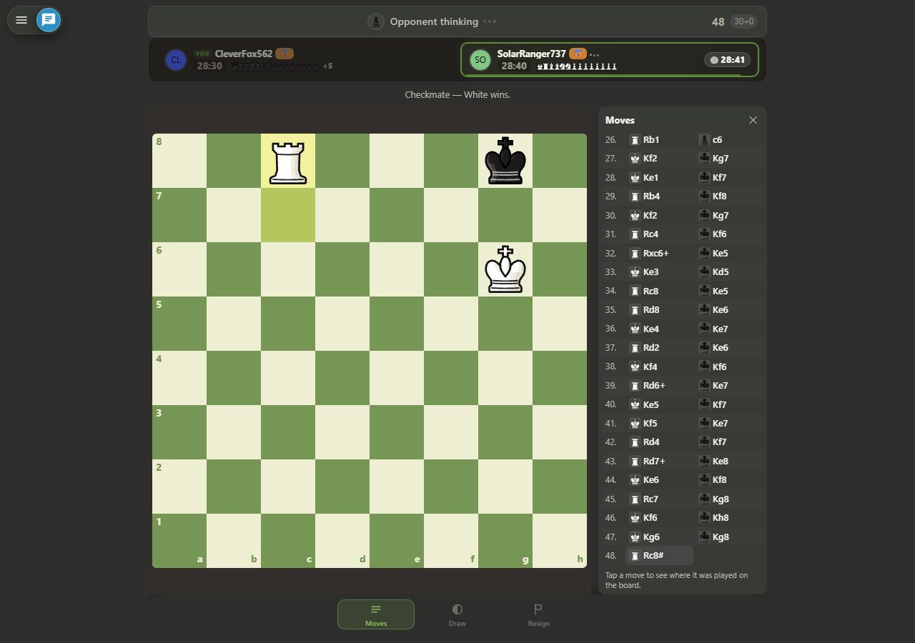 Échiquier montrant le mat à la tour : le roi noir est en g8, le roi blanc est en g6 directement en face, la tour blanche est en c8 donnant mat ; la bannière en haut affiche 'Checkmate — White wins' et la liste des coups se termine par 48. Rc8#.