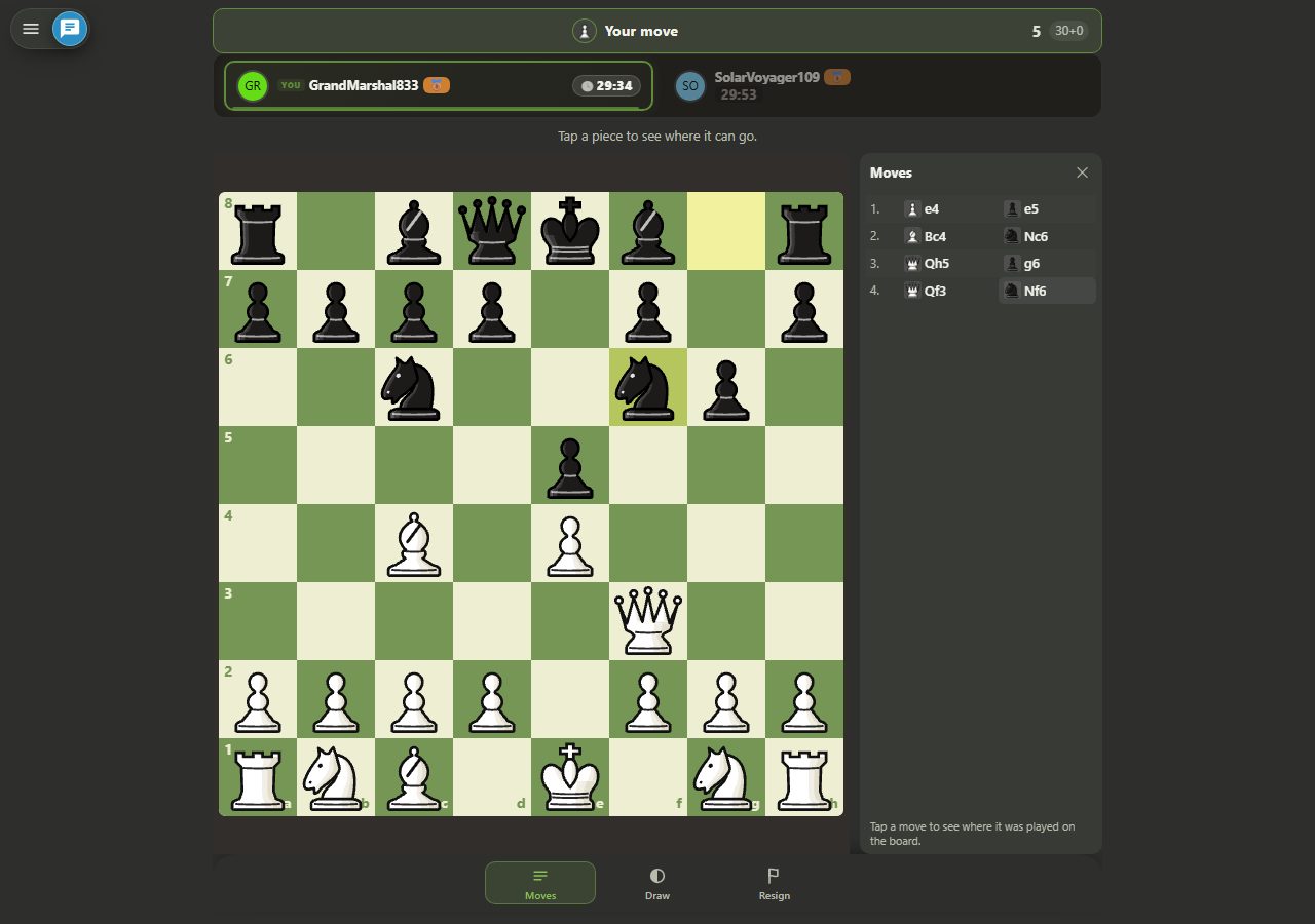 Posición después de 3...g6: el peón negro ha sido empujado a g6, sacando la dama blanca de h5 a f3 y eliminando la amenaza en f7.