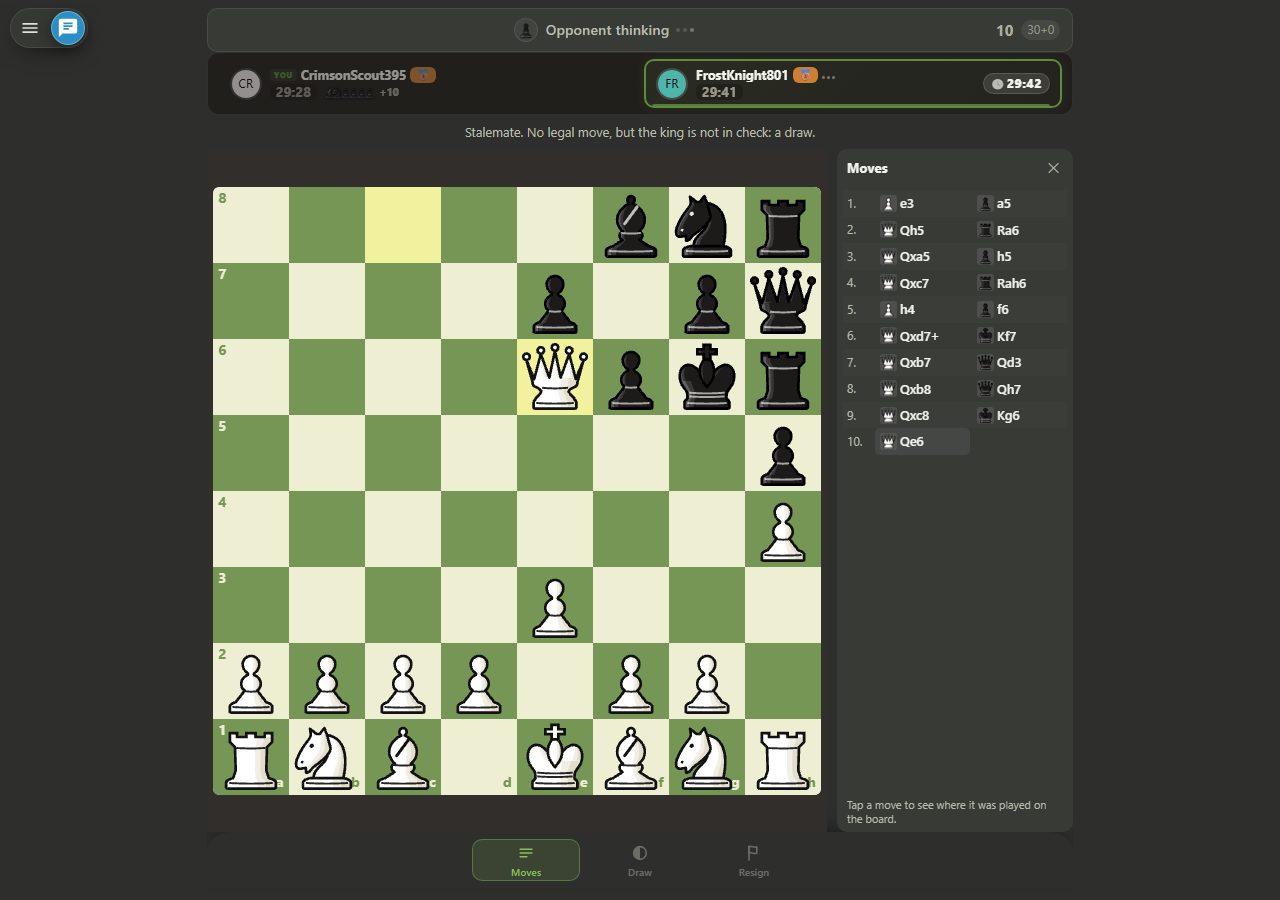 Chess board showing stalemate position: white queen on e6, black king on g6, banner at top indicates stalemate and draw, move list showing 10 moves with the last move 10.Qe6