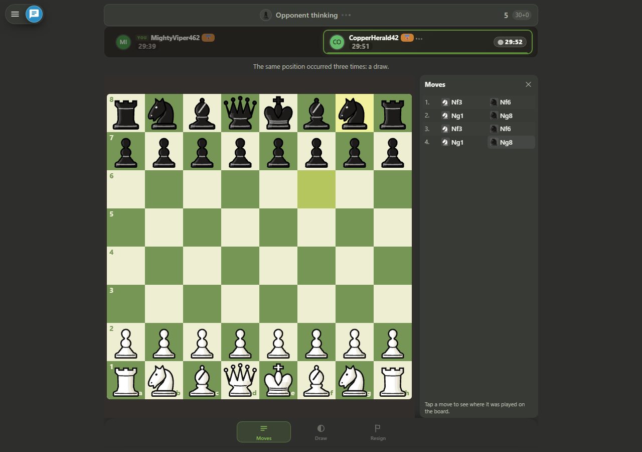 Chess board showing starting position reconstructed after moves 1.Nf3 Nf6 2.Ng1 Ng8 3.Nf3 Nf6 4.Ng1 Ng8, banner indicates the same position appeared three times and game is a draw, move list showing four rows of knights moving back and forth