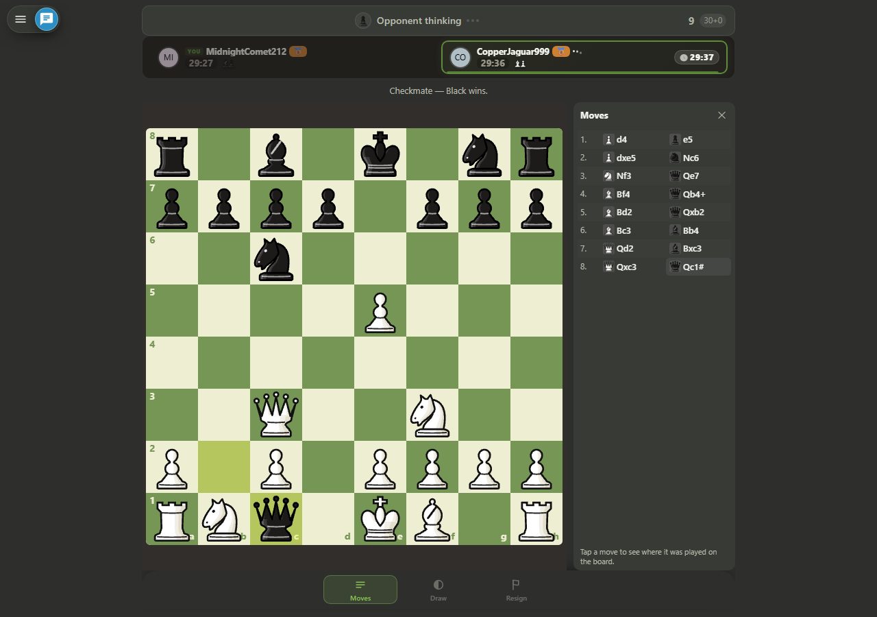 The final position of the Englund Gambit Trap: Black's Queen on c1 delivers checkmate next to White's King, White's Queen on c3, White's pawn still on e5; the banner reads Checkmate — Black wins and the move list ends with 8.Qc1#.