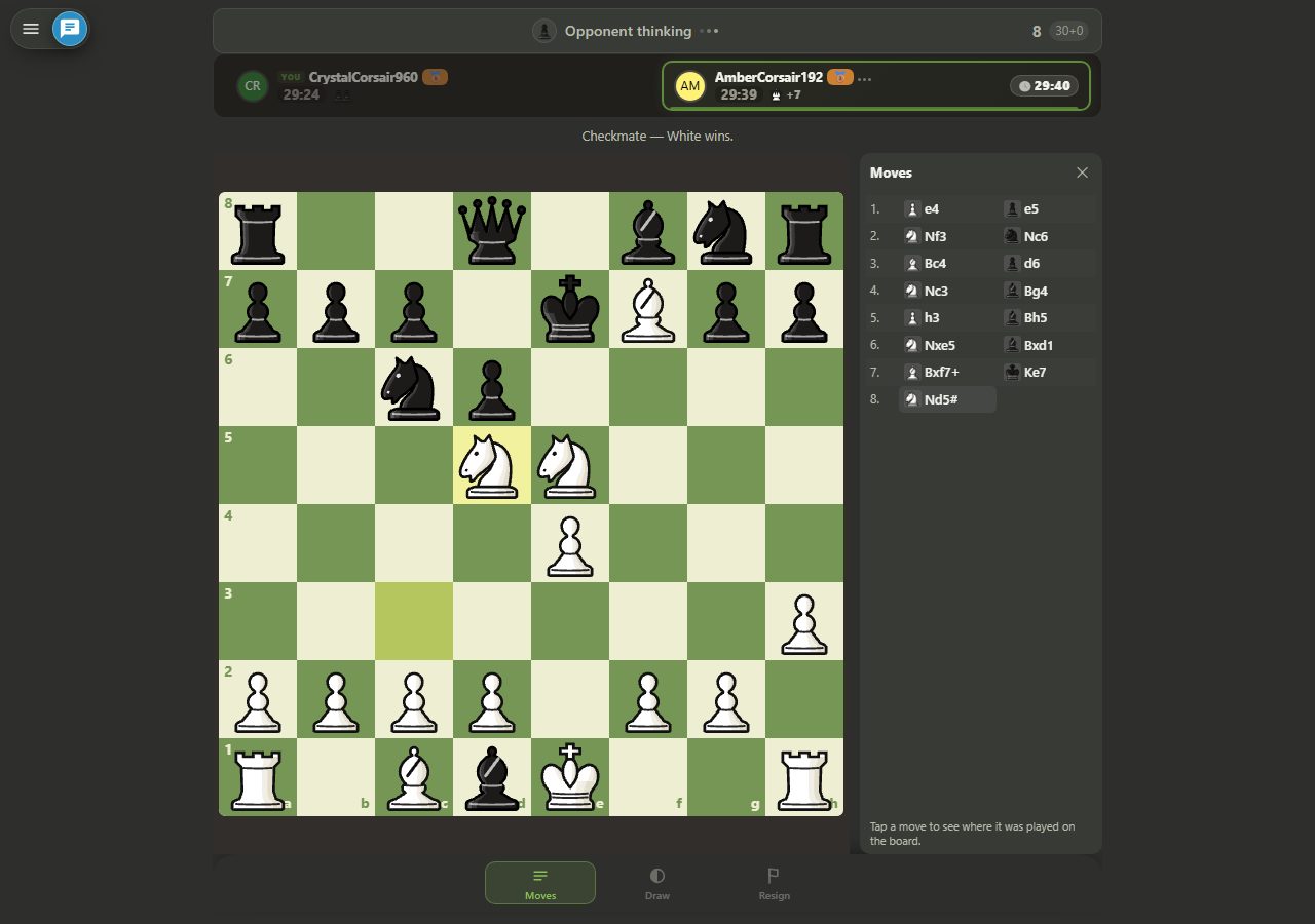 The final position of Legal's Mate: Black's King on e7, White's Knights on d5 and e5, White's Bishop on f7, Black's Bishop on d1 where it captured the Queen; the top banner reads Checkmate — White wins and the move list ends with 8.Nd5#.