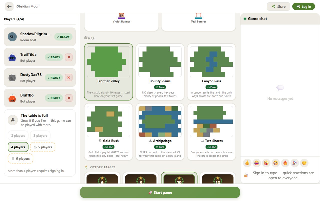 The Map section of the room screen: thumbnails and names of all six maps, Frontier Valley selected and the other five with a lock and a Free label, the players list on the left and the game chat on the right