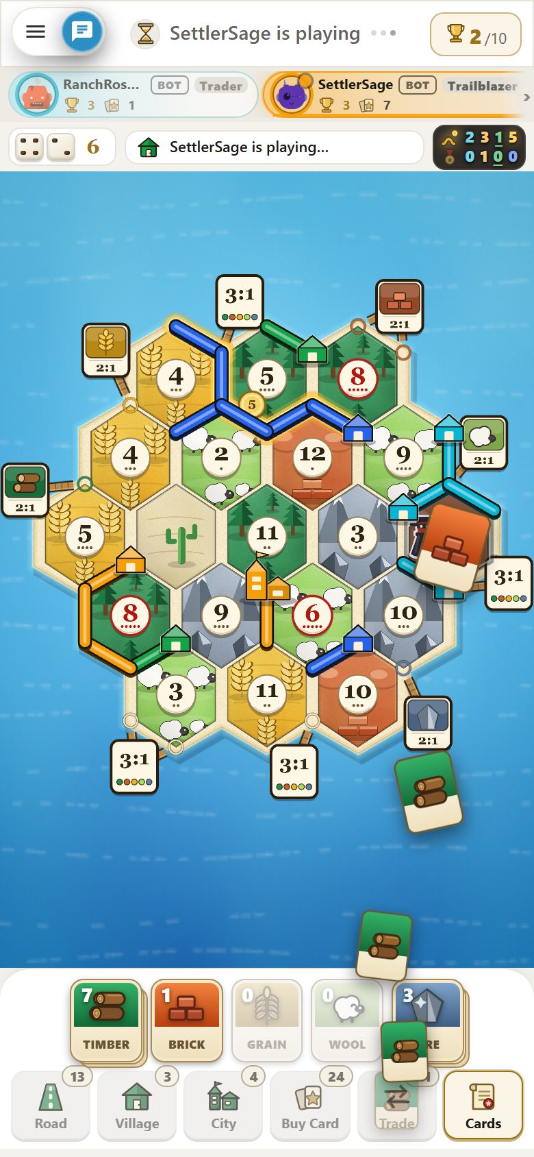 Claimridge in a phone browser in portrait: the board fills the screen width, freshly produced goods cards fly to the hand, large build buttons along the bottom