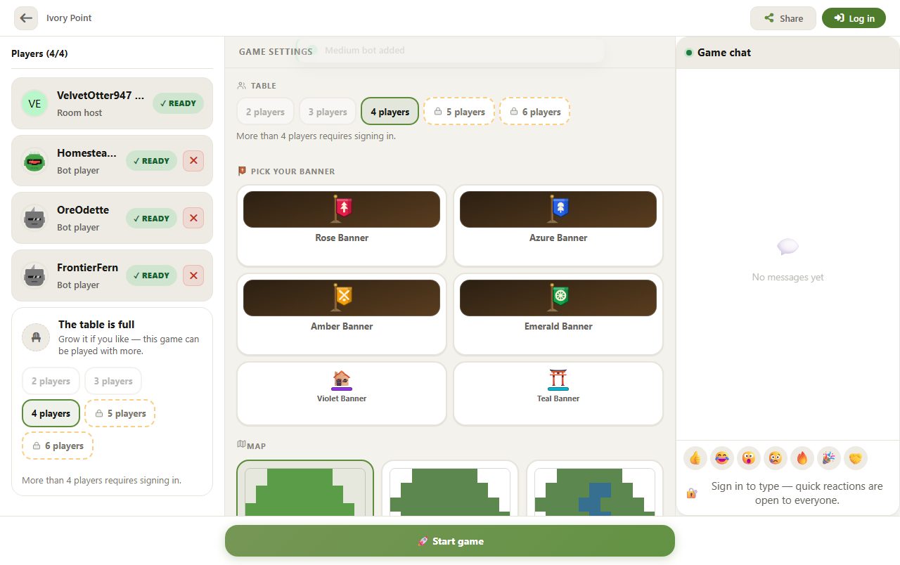 La sala de espera: el anfitrión y tres bots listos, las opciones de 2, 3 y 4 jugadores abiertas, 5 y 6 bloqueadas, un selector de estandarte, la lista de mapas y el botón Iniciar partida debajo