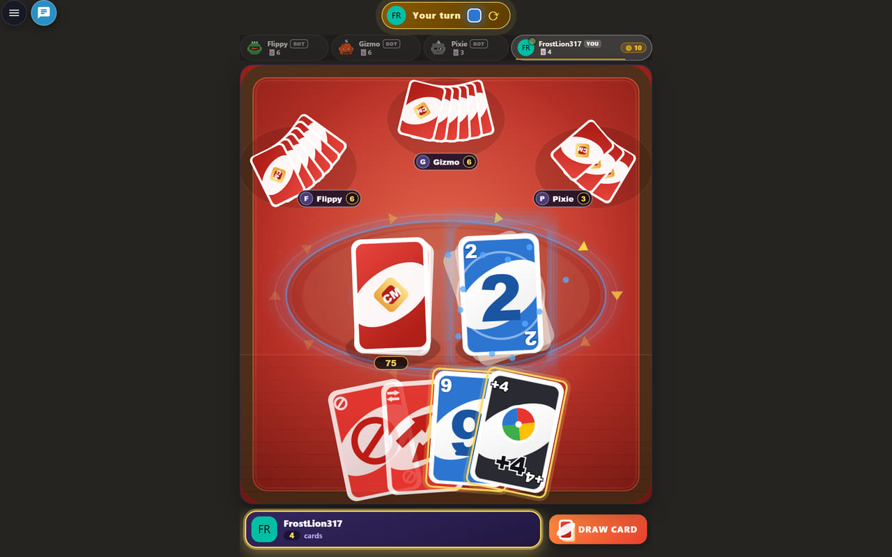 Online card games — a hand in progress on the colorful Color Match table
