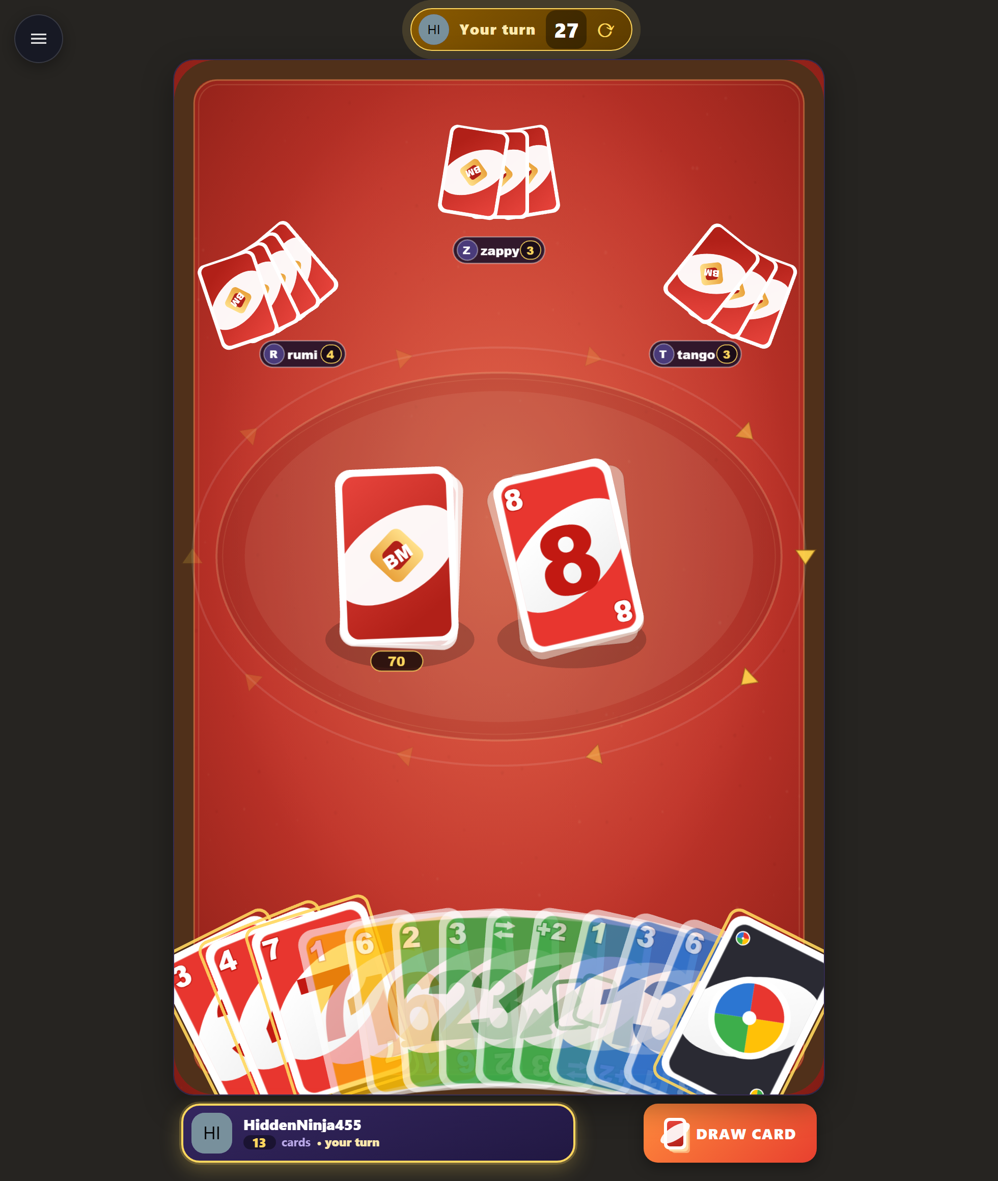 Color Match tips — a colorful fan of cards and the central discard pile mid-round
