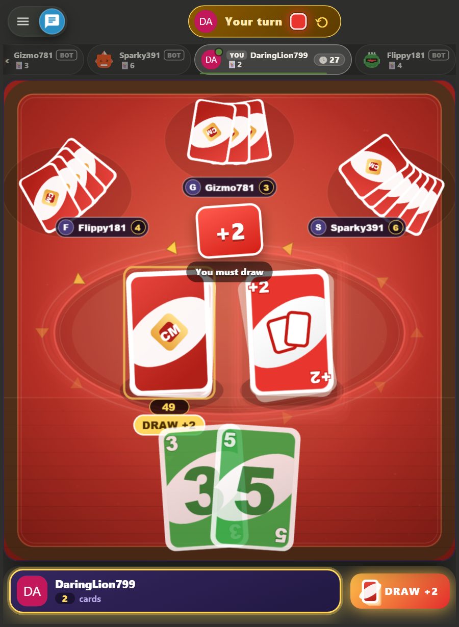 Screen of a player whose turn it is at a four-player Color Match table: a red +2 on top of the played cards, a large '+2' banner in the center, and 'You must draw' below; the two green cards in the player's hand are dimmed because the only valid answer is another +2, and the draw button reads 'DRAW +2'.
