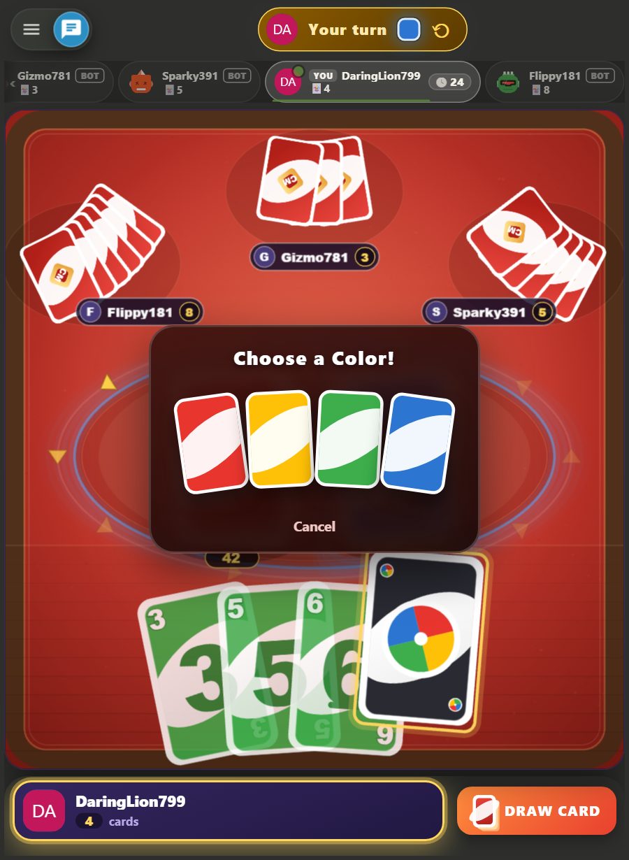 Color picker window open at a four-player table: a dark-background window titled 'Choose a Color!' with four colored cards for red, yellow, green, and blue, and 'Cancel' below; the Wild card that opened it glints gold on the right side of the player's hand, and the three green cards next to it are dimmed.