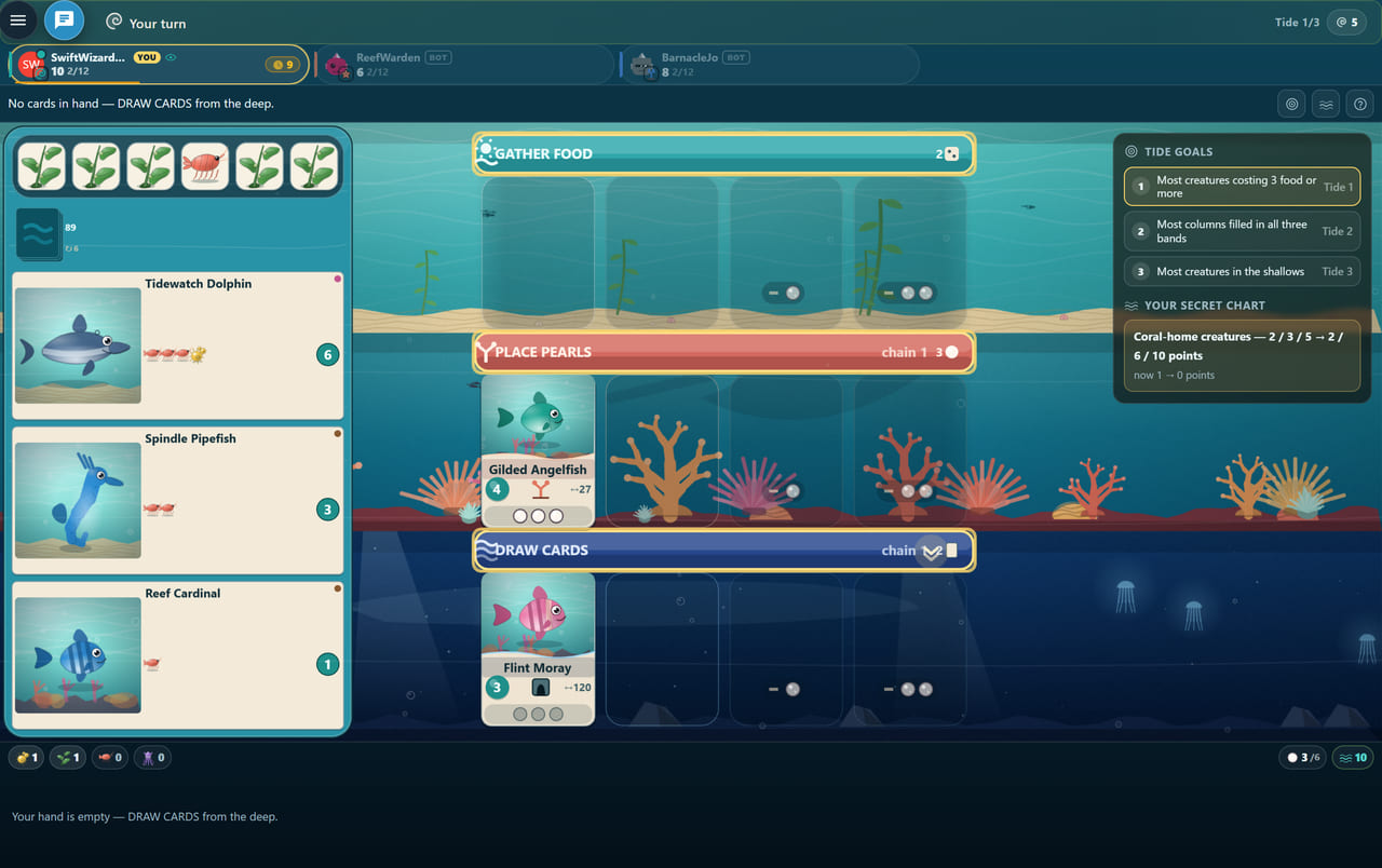 A Coralbay match mid-tide with a Gilded Angelfish settled in the first reef slot and a Flint Moray in the first deep slot, both rows flagged chain, while the three seats show scores of 10, 6 and 8 after two creatures each.