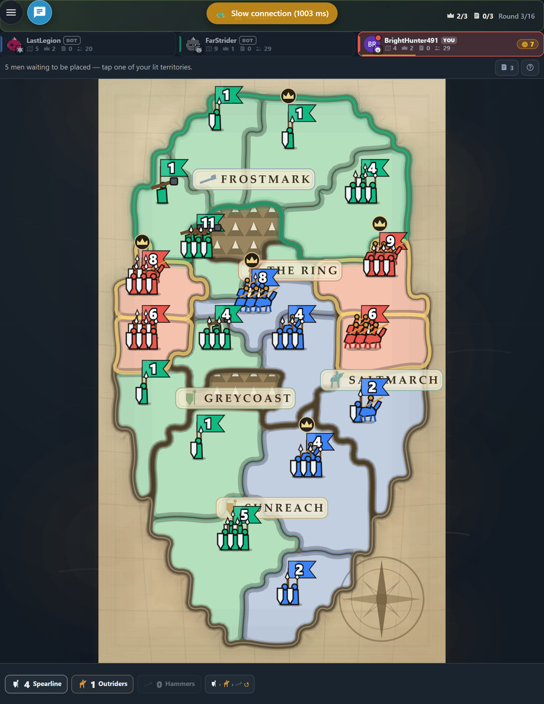 Partida avanzada de Caída de Coronas en Heartland, ronda 6: cuatro colores de estandarte repartidos por el mapa, las dos huestes mayores con 18 y 16 tropas, un +1 flotando sobre The Ring y un contador de 6/16 en la parte superior.
