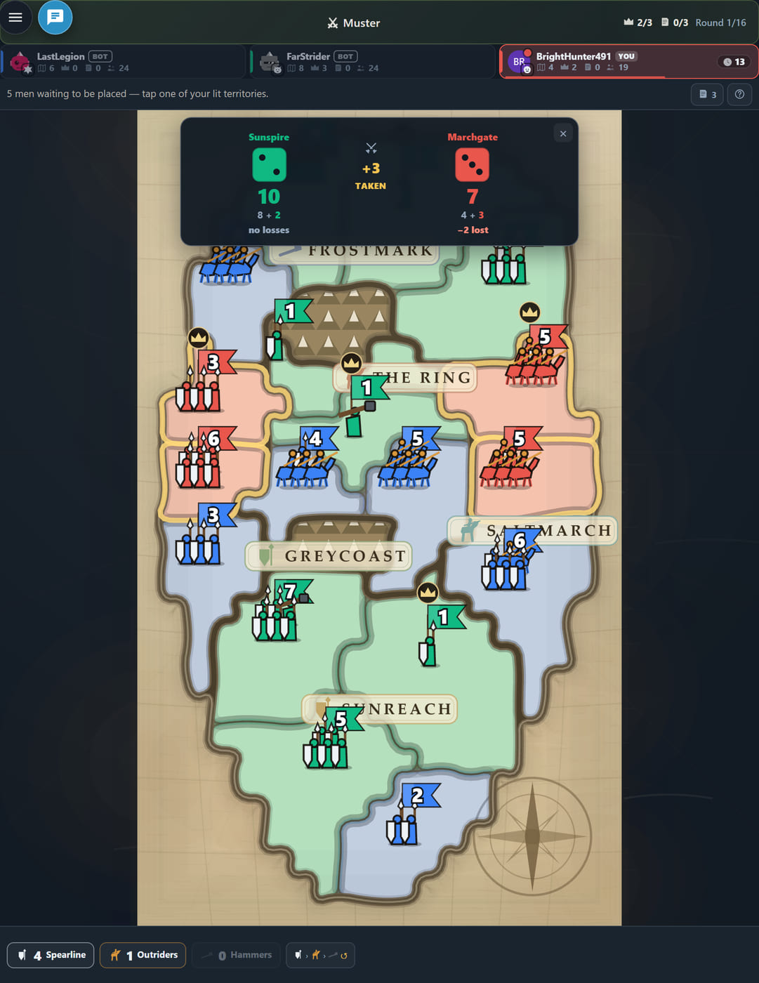 El tablero Heartland de Caída de Coronas en un móvil: cinco regiones de colores — Frostmark, Greycoast, The Ring, Saltmarch y Sunreach — con estandartes que muestran el tamaño de cada ejército, coronas sobre las capitales y una barra inferior que indica 4 Lanceros, 0 Jinetes, 1 Martillo.