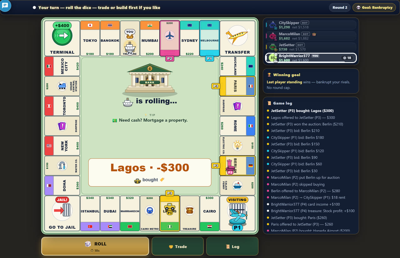 Estates strategy tips — a Round 9 board with many owned city tiles and P1 and P2 ownership bars