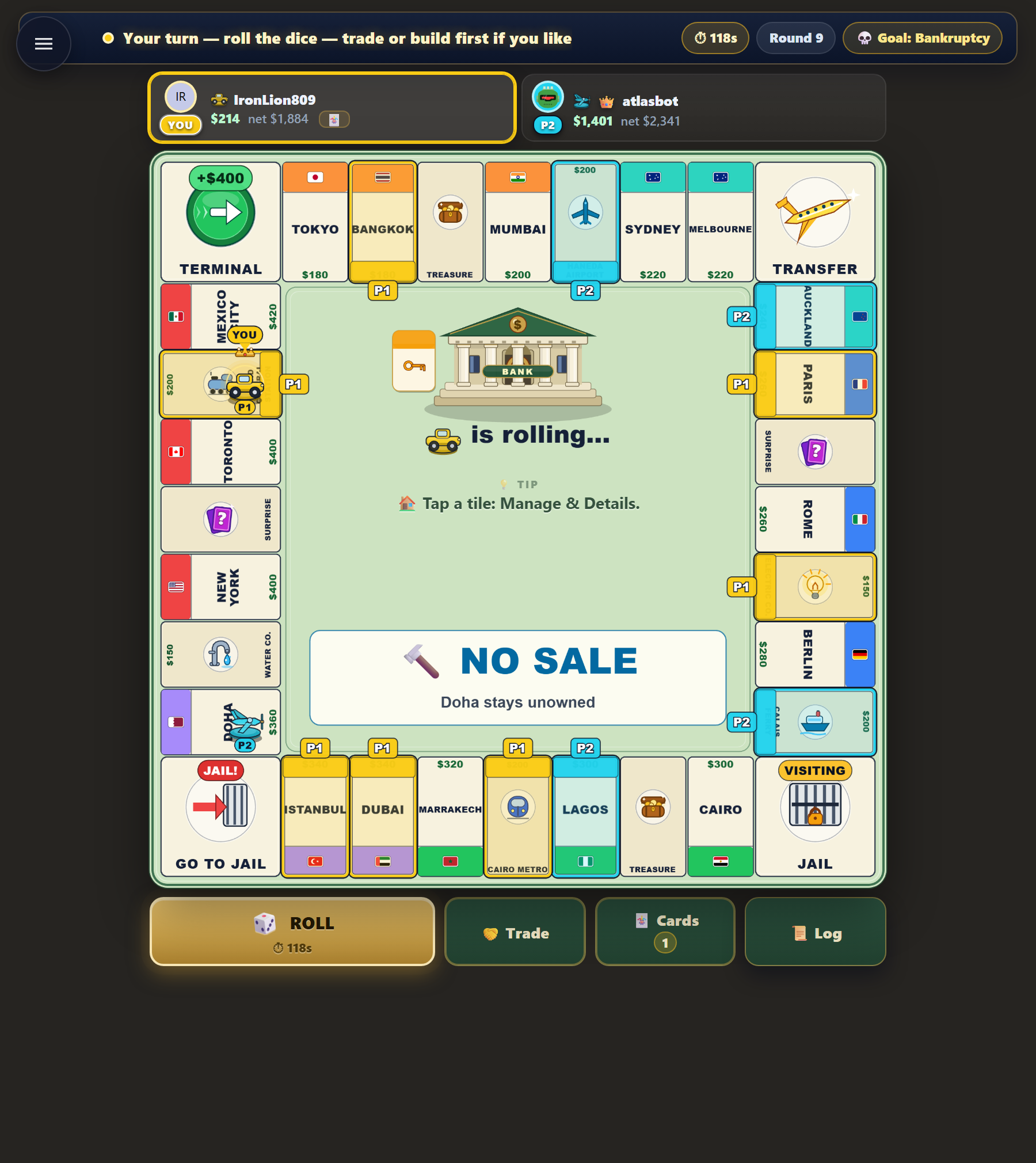 Mobile browser board games — buying world cities on the Estates board mid-game