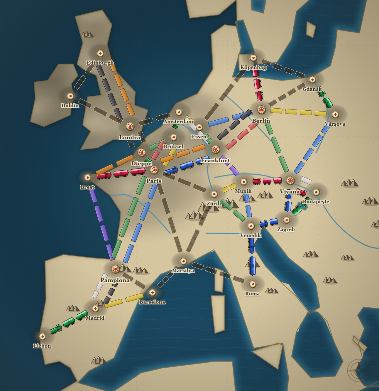 Iron Rails map guide — the Western Europe rail board with its city nodes and route network