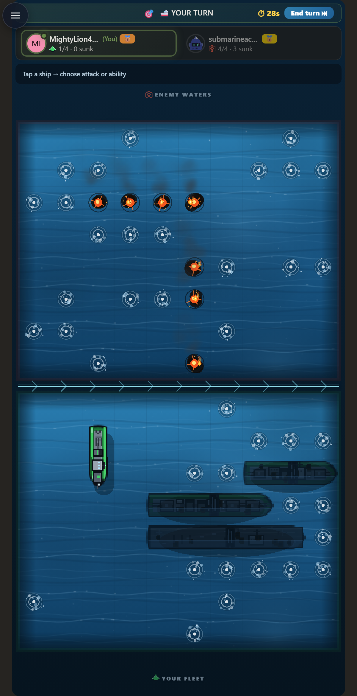 Battleship strategy tips — Naval Battle grids peppered with hits, misses and burning wrecks mid-battle