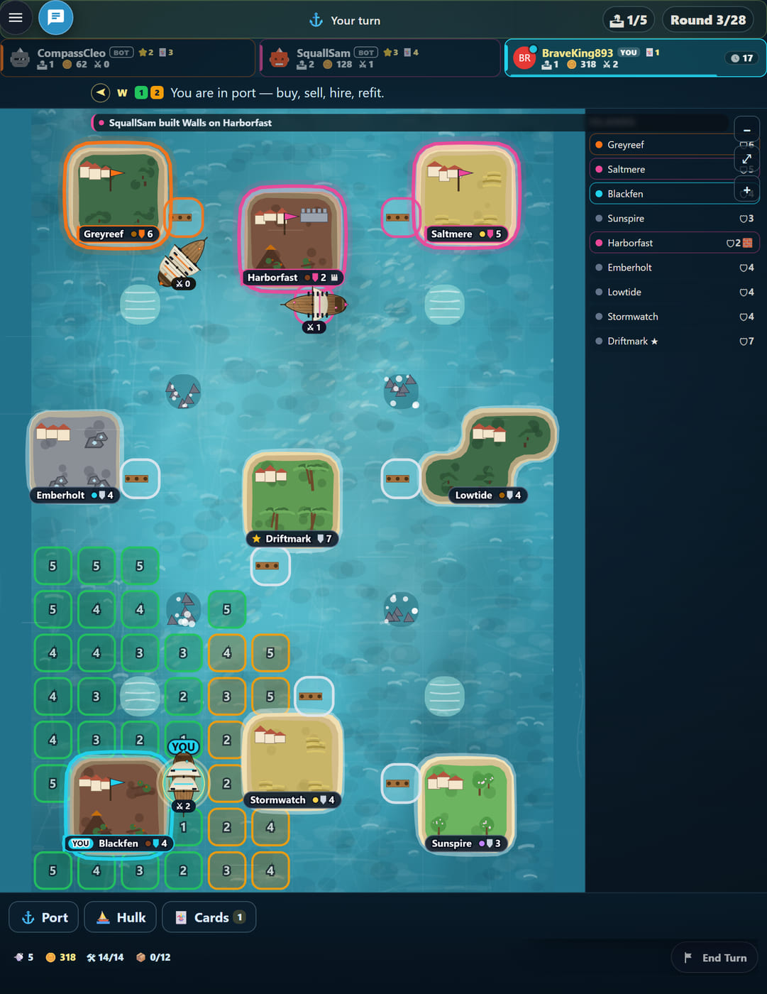 Seven Sails at Round 3: islands ringed in their owners' seat colours with garrison counts on each plate, and the island ledger listing all nine shores
