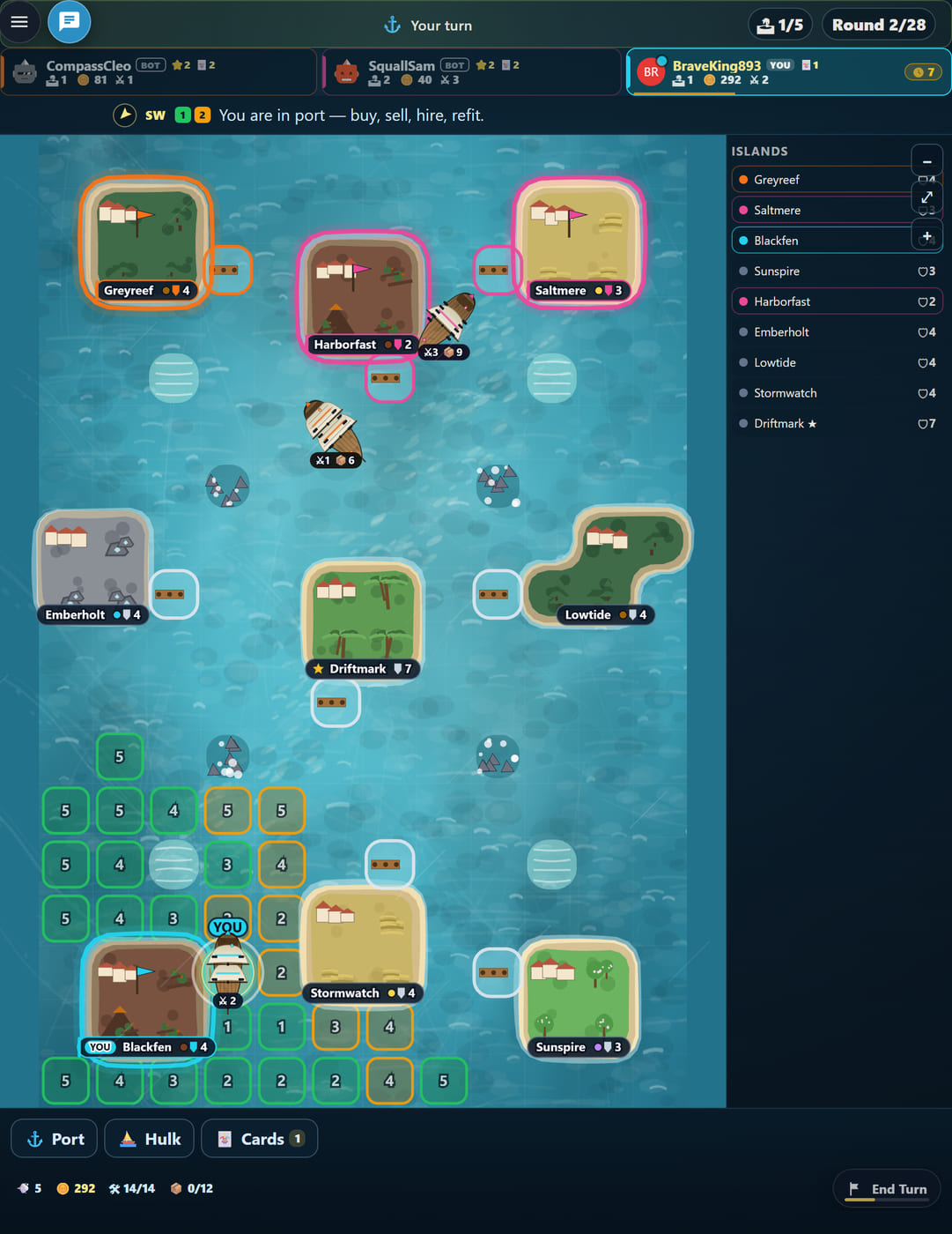 Seven Sails mid-match: the chart of The Narrows with islands ringed in yellow, cyan and violet, ships under way and the island ledger on the right