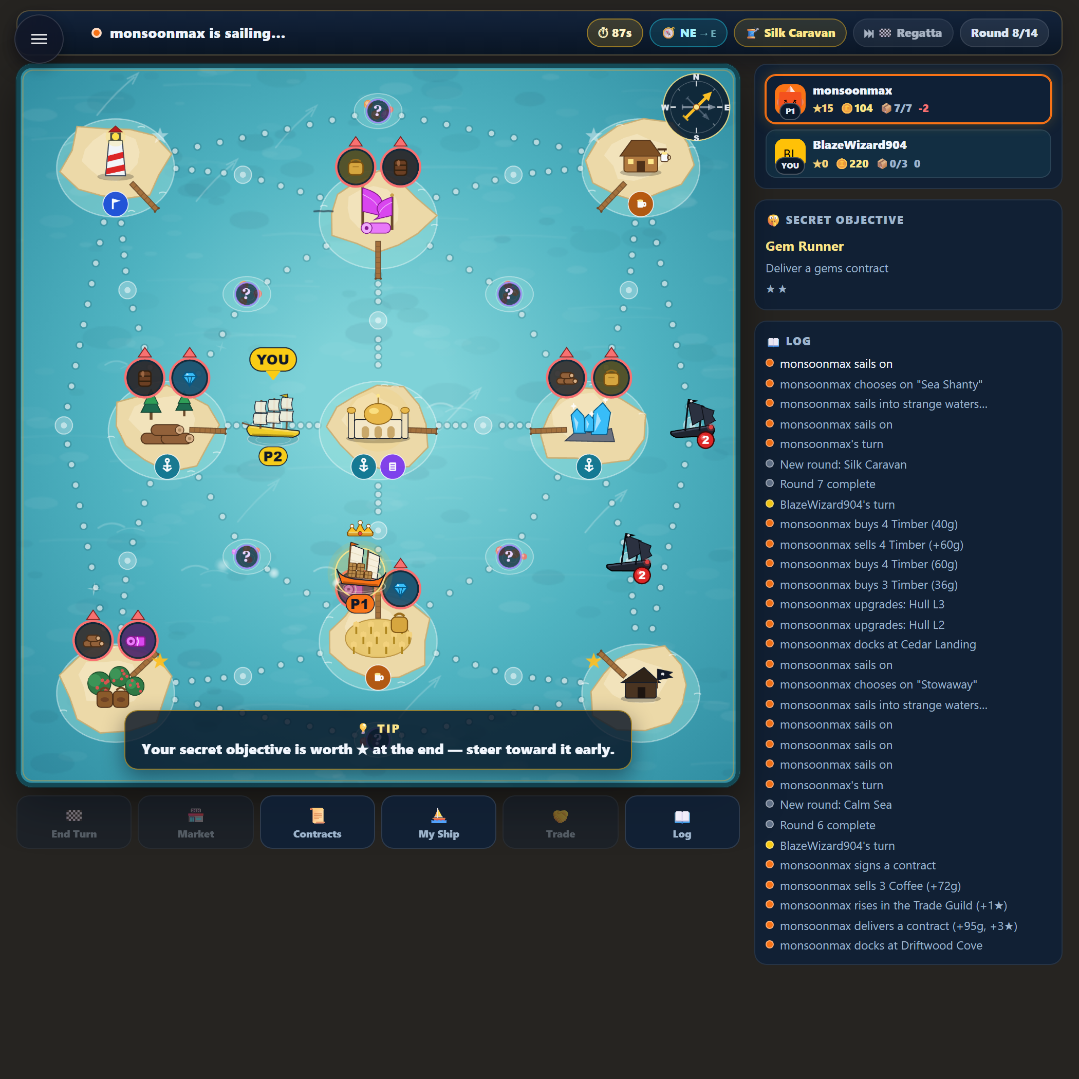 Seven Sails strategy — a Round 8 of 14 voyage between island ports with signed contracts and renown stars