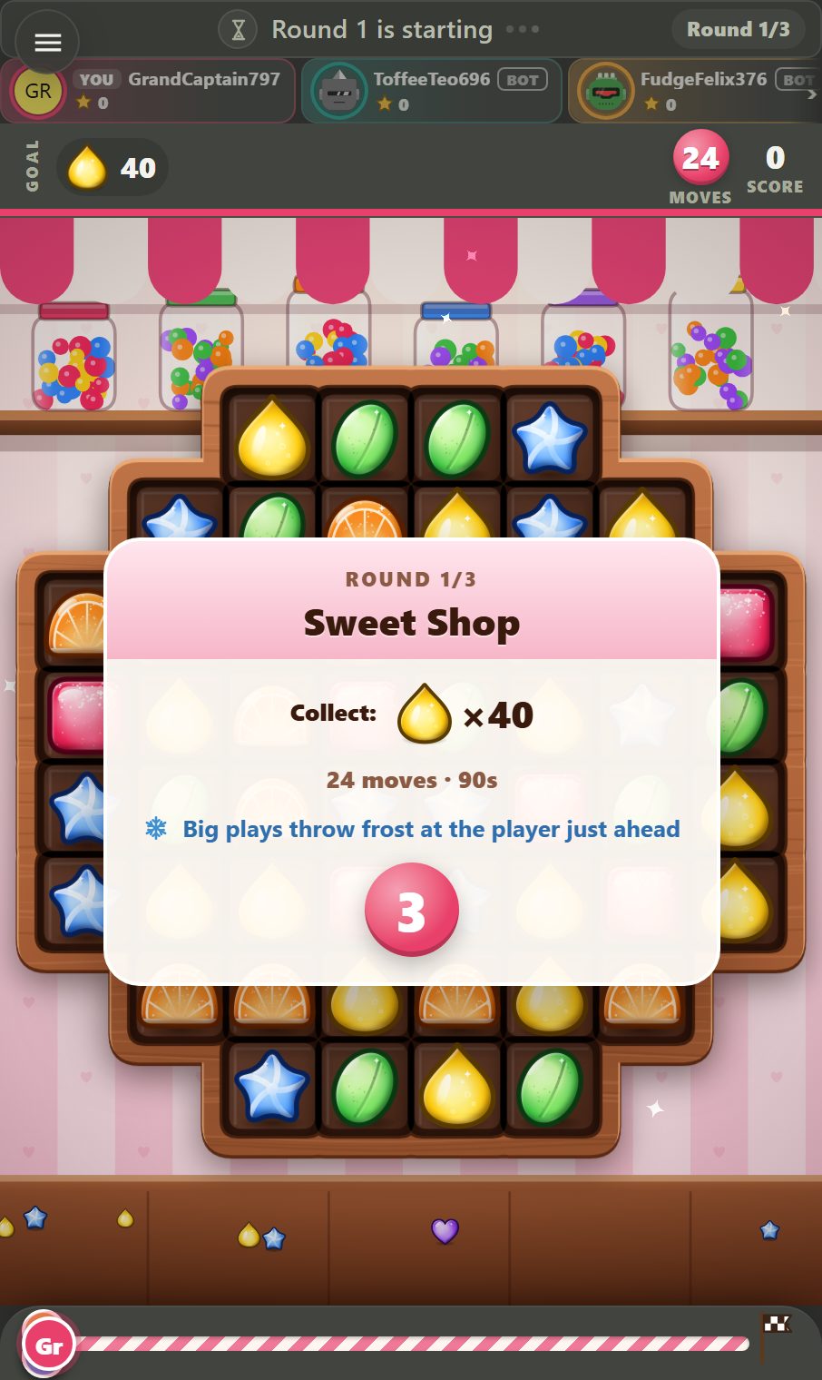 The level card before a Sugar Duel round: the world, the goal, the move budget, the round clock and a 3-2-1 countdown