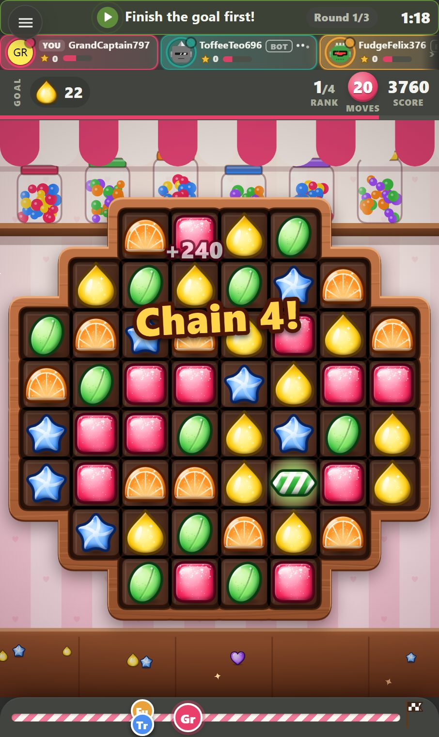 A Sugar Duel board in the middle of a round, with the goal, moves left, rank and score above the tray and the rivals' seats along the top