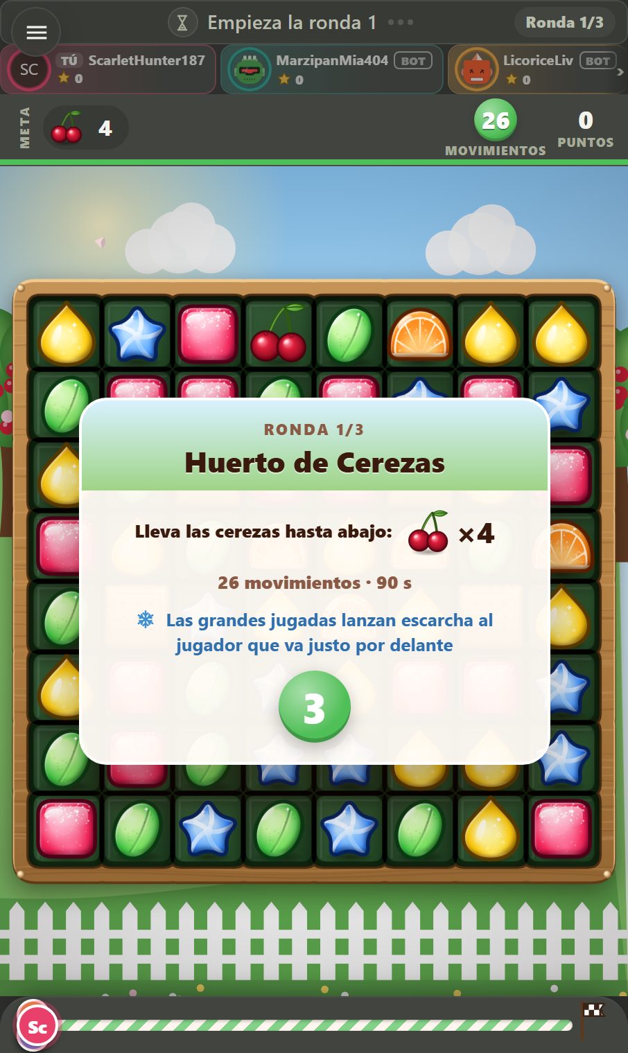 La tarjeta del nivel antes de una ronda de Duelo de Caramelos: el mundo, el objetivo, el presupuesto de movimientos, el reloj de la ronda y una cuenta atrás 3-2-1