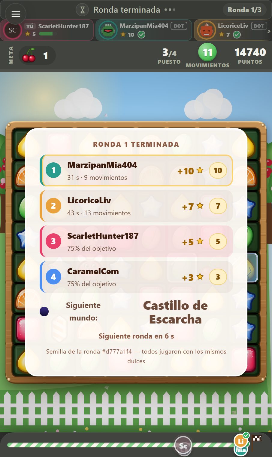 La mesa de la ronda: el puesto, los puntos y las estrellas de cada jugador, el siguiente mundo y la semilla de la ronda publicada
