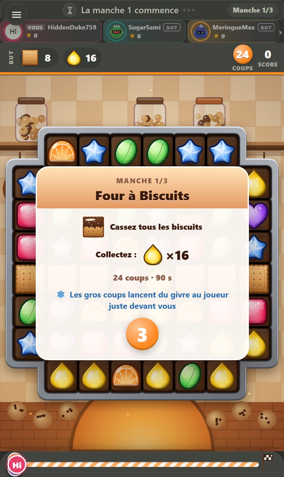 La carte du niveau avant une manche de Duel de Bonbons : le monde, l'objectif, le budget de coups, le chrono de la manche et un compte à rebours 3-2-1