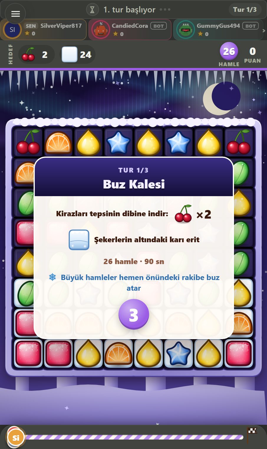 Bir Şeker Düellosu turundan önce seviye kartı: dünya, hedef, hamle bütçesi, tur süresi ve 3-2-1 geri sayımı