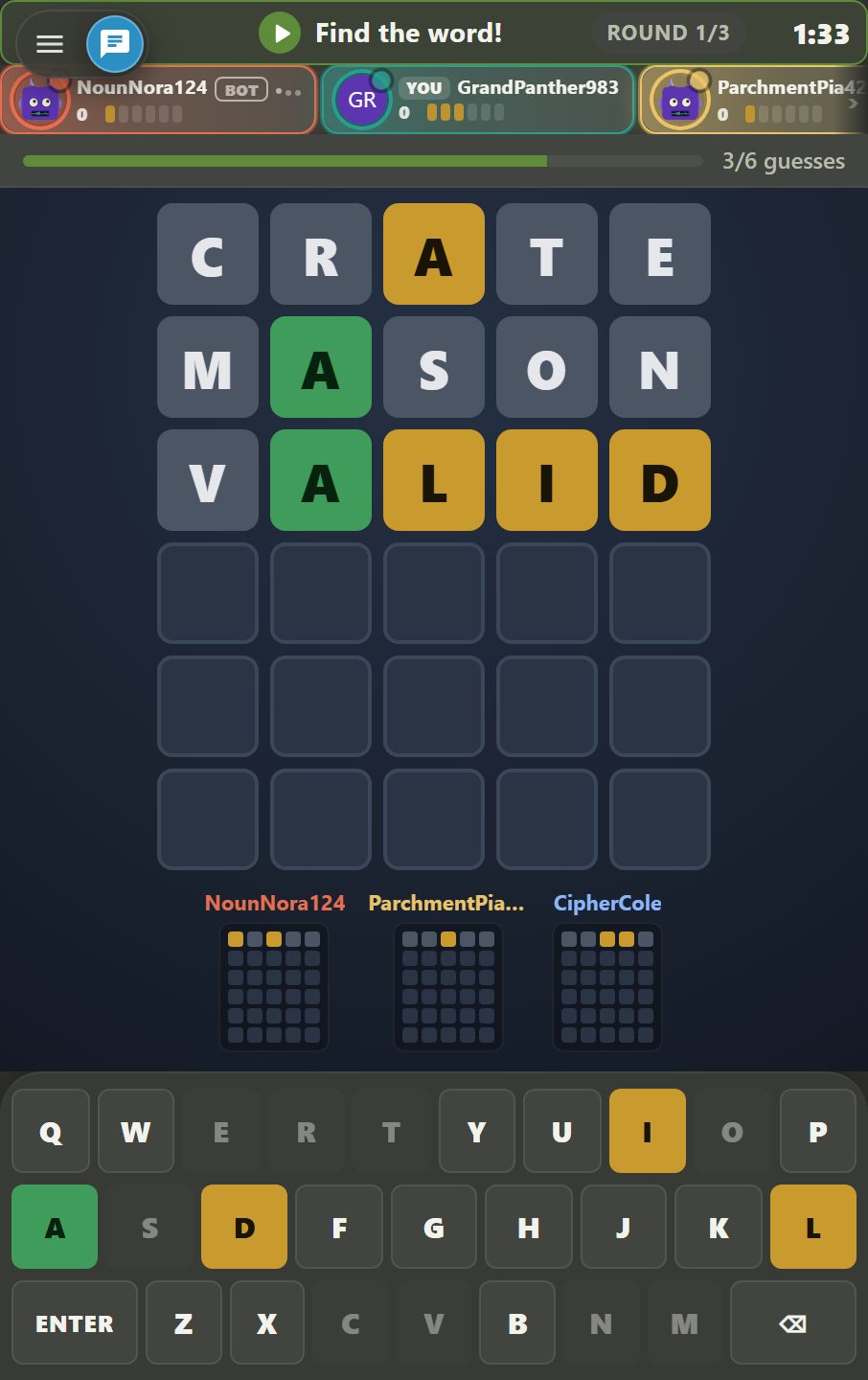 A Word Duel round in English: the guesses CRATE, MASON and VALID coloured green, amber and grey, with three rivals’ colour grids and the coloured keyboard below