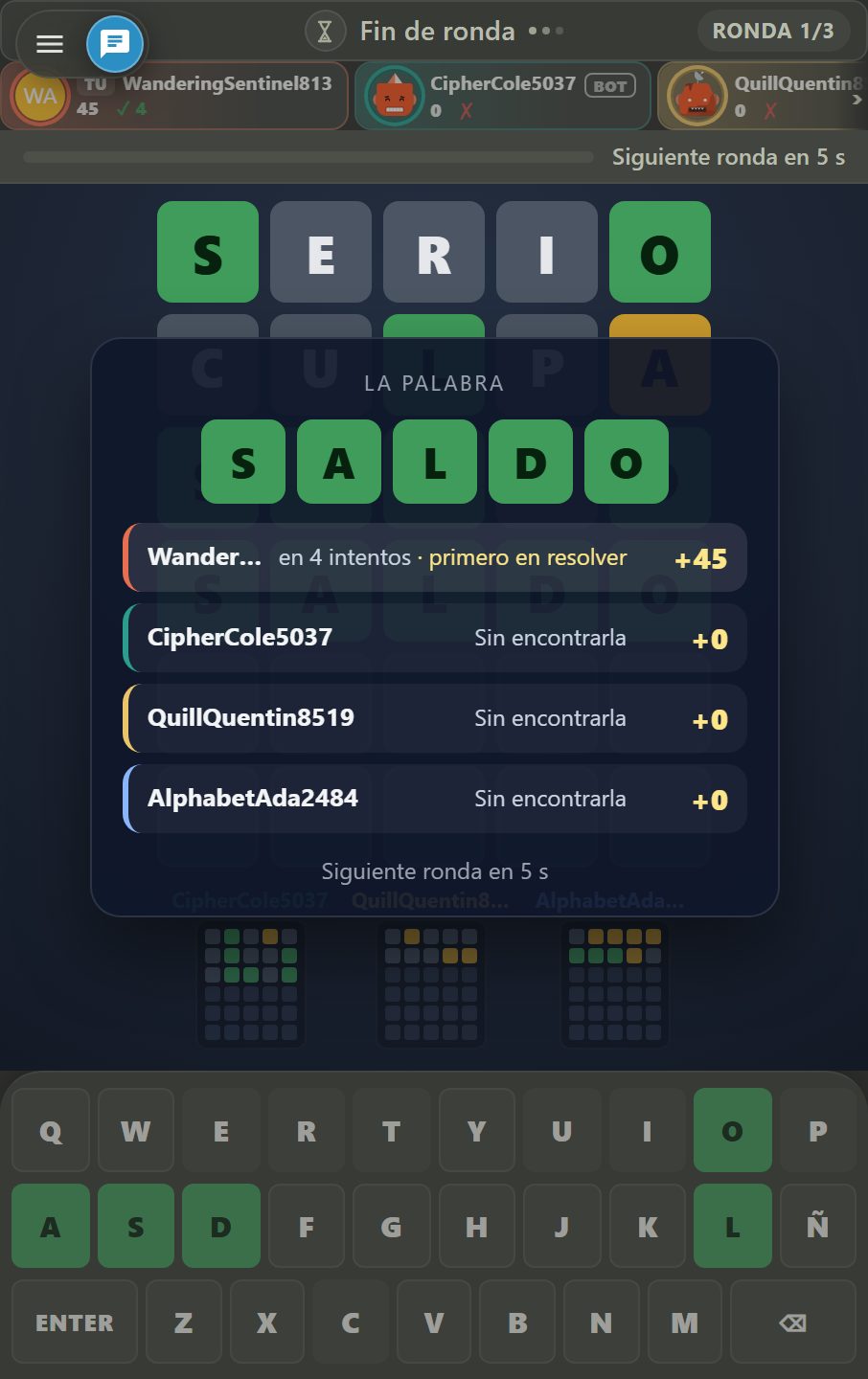 Tarjeta de fin de ronda: la palabra SALDO, resuelta en cuatro intentos por +45, con los tres rivales sin encontrarla